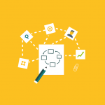 Fondo amarillo con un diagrama que muestra nodos interconectados, incluida una persona, un gráfico de comercio electrónico e íconos. Un lápiz y un clip se encuentran junto a los símbolos del diagrama de flujo en una hoja de papel, que ilustran el recorrido continuo de los compradores en línea.