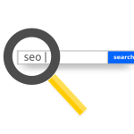 Una lupa se cierne sobre una barra de búsqueda con la palabra "SEO" ingresada, al lado de un botón de "búsqueda" azul, enfatizando la importancia de los enlaces para impulsar el dominio de su sitio.