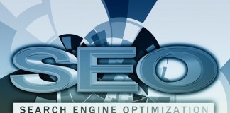 Ilustración con el texto grande "SEO" y "Search Engine Optimization" debajo, rodeado de patrones geométricos abstractos en tonos azules y verdes.