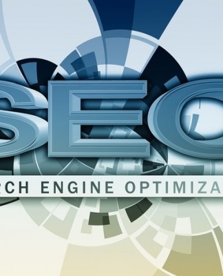 Ilustración con el texto grande "SEO" y "Search Engine Optimization" debajo, rodeado de patrones geométricos abstractos en tonos azules y verdes.