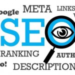 Una nube de palabras relacionada con SEO que incluye términos como Google, META, Bing, URL, ETIQUETAS, TÍTULO, ENLACES, RANKING y AUTORIDAD, con "SEO" en azul y una lupa sobre la "O".