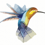 Ilustración de un pájaro colorido en vuelo con un pico largo, con tonos de azul, amarillo y naranja, sobre un fondo blanco.