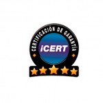 Logotipo de certificación iCert en un círculo con degradado azul y morado, rodeado por el texto "Certificación de Garantía" y cinco estrellas naranjas debajo.
