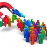 Ilustración de un gran imán rojo que atrae figuras de palitos de colores, algunas cerca del imán y otras agrupadas.