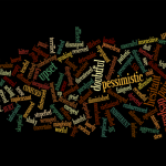 Una nube de palabras con diversas emociones y sentimientos negativos, como "pesimista", "molesto", "dudoso" y "deprimido", en distintos colores y orientaciones sobre un fondo negro.