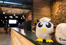 Un búho de peluche se posa sobre un mostrador de recepción de madera, contra una pared de ladrillos difuminados y un techo de estilo industrial, lo que agrega encanto a este fondo con temática de empresas, ideal para exhibir en redes sociales.