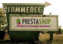 Un cartel de estilo retro en un campo muestra “eCommerce” y “PrestaShop: La Mejor Experiencia de Comercio Electrónico”, capturando la esencia del éxito para cualquier empresa que se aventure en los contenidos digitales.