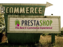 Un cartel de estilo retro en un campo muestra “eCommerce” y “PrestaShop: La Mejor Experiencia de Comercio Electrónico”, capturando la esencia del éxito para cualquier empresa que se aventure en los contenidos digitales.