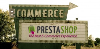 Un cartel de estilo retro en un campo muestra “eCommerce” y “PrestaShop: La Mejor Experiencia de Comercio Electrónico”, capturando la esencia del éxito para cualquier empresa que se aventure en los contenidos digitales.