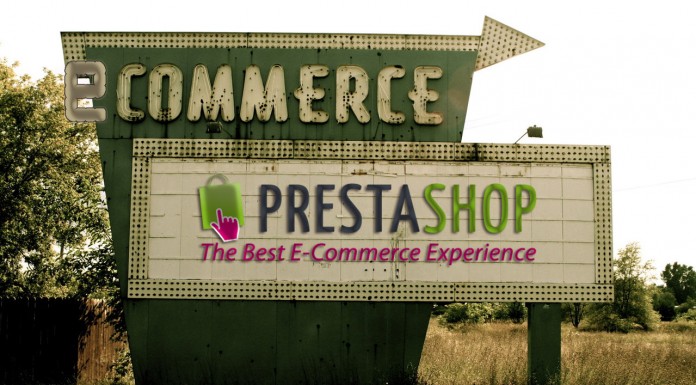 Un cartel de estilo retro en un campo muestra “eCommerce” y “PrestaShop: La Mejor Experiencia de Comercio Electrónico”, capturando la esencia del éxito para cualquier empresa que se aventure en los contenidos digitales.