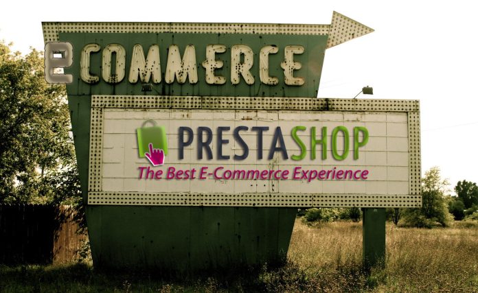 ecommerce Un cartel de estilo retro en un campo muestra “eCommerce” y “PrestaShop: La Mejor Experiencia de Comercio Electrónico”, capturando la esencia del éxito para cualquier empresa que se aventure en los contenidos digitales.