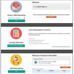 Captura de pantalla de la interfaz de una plataforma de marketing que muestra opciones para campañas de marketing por correo electrónico y SMS, Landing Optimizer y CRM Retargeting. Cada sección incluye descripciones y botones de entrada, que se integran perfectamente con las redes sociales para lograr un enfoque integral.