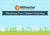 El banner de MDirector con el texto “Plataforma Cross Channel Marketing” sobre un fondo azul, con siluetas de árboles y edificios, resalta la integración del marketing por correo electrónico para una comunicación fluida.