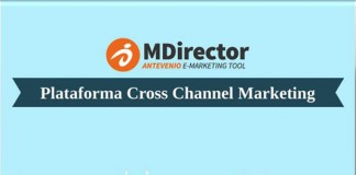 El banner de MDirector con el texto “Plataforma Cross Channel Marketing” sobre un fondo azul, con siluetas de árboles y edificios, resalta la integración del marketing por correo electrónico para una comunicación fluida.