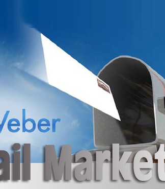AWeber, herramienta profesional de email marketing. Un buzón con una bandera roja tiene un sobre que emerge de él contra un cielo azul. El texto dice "AWeber Email Marketing para impulsar las ventas".