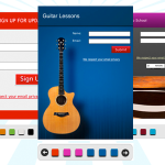Un collage de cinco formularios de registro coloridos con campos para nombre y correo electrónico, que incluyen gráficos como una guitarra y un escritorio, sobre un fondo radiante, diseñado para fidelizar a los usuarios con imágenes atractivas.