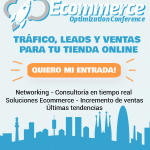 Anuncio de la "Conferencia de optimización de comercio electrónico" que se celebrará en Barcelona el 15 de noviembre, que destaca el tráfico, los clientes potenciales y las ventas de las tiendas online. Incluye un gráfico de la ciudad y un botón que dice "Quiero mi entrada".