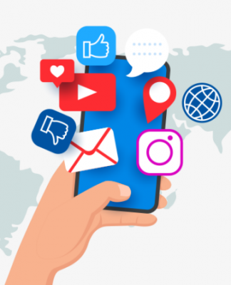 El marketing digital y cómo hacer una estrategia efectiva Una mano que sostiene un teléfono inteligente con varios íconos de redes sociales flotando sobre él. De fondo, un mapa del mundo.