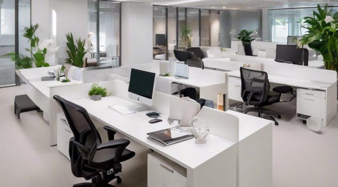 Gestoría online: Beneficios y consideraciones Espacio de oficina moderno con escritorios blancos, sillas negras, computadoras y plantas verdes. Mamparas de vidrio dividen áreas. Iluminación brillante y ambiente ordenado y limpio.