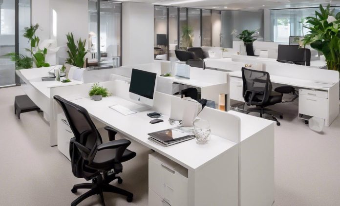 Espacio de oficina moderno con escritorios blancos, sillas negras, computadoras y plantas verdes. Mamparas de vidrio dividen áreas. Iluminación brillante y ambiente ordenado y limpio.