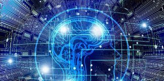 Inteligencia Artificial en marketing: Revolucionando la estrategia comercial Imagen abstracta de una silueta de cabeza humana con una superposición de cerebro digital sobre un fondo de placa de circuito, iluminada con luces azules y blancas brillantes.