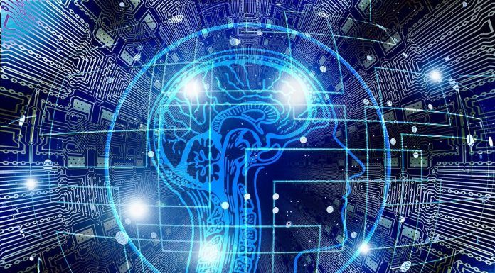 Imagen abstracta de una silueta de cabeza humana con una superposición de cerebro digital sobre un fondo de placa de circuito, iluminada con luces azules y blancas brillantes.