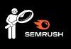 Ilustración de una persona sosteniendo una lupa junto al logotipo de SEMrush sobre un fondo negro.