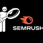Ilustración de una persona sosteniendo una lupa junto al logotipo de SEMrush sobre un fondo negro.