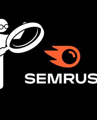 Ilustración de una persona sosteniendo una lupa junto al logotipo de SEMrush sobre un fondo negro.