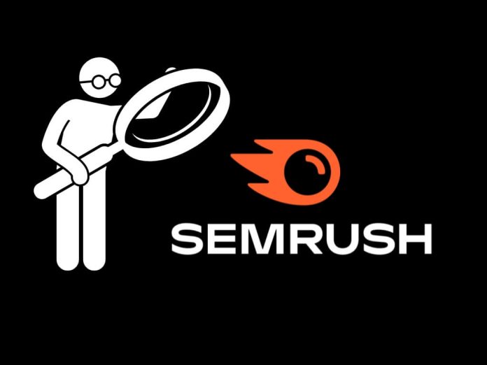 Ilustración de una persona sosteniendo una lupa junto al logotipo de SEMrush sobre un fondo negro.