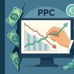 Ilustración de una mano que dibuja una flecha verde ascendente sobre una flecha roja descendente en una pantalla de computadora etiquetada "PPC", con símbolos de dinero rodeando la pantalla.