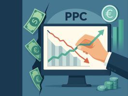 ¿Gastas en Ads sin resultado? Descubre cómo una agencia PPC lo soluciona Ilustración de una mano que dibuja una flecha verde ascendente sobre una flecha roja descendente en una pantalla de computadora etiquetada "PPC", con símbolos de dinero rodeando la pantalla.