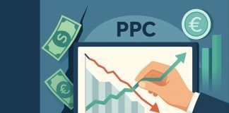 ¿Gastas en Ads sin resultado? Descubre cómo una agencia PPC lo soluciona Ilustración de una mano que dibuja una flecha verde ascendente sobre una flecha roja descendente en una pantalla de computadora etiquetada "PPC", con símbolos de dinero rodeando la pantalla.