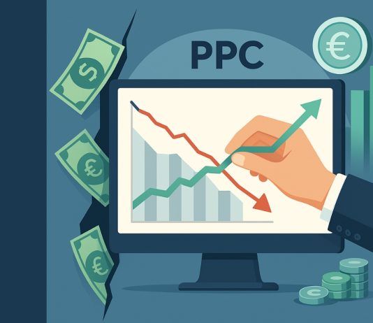 Ilustración de una mano que dibuja una flecha verde ascendente sobre una flecha roja descendente en una pantalla de computadora etiquetada "PPC", con símbolos de dinero rodeando la pantalla.