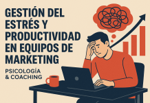 Ilustración de una persona estresada frente a una computadora portátil, con un gráfico ascendente y líneas enredadas encima, junto a un texto sobre el estrés y la gestión de la productividad en los equipos de marketing.
