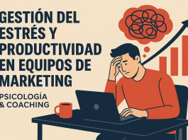Gestión del estrés y productividad en equipos de marketing: lecciones de la psicología y el coaching Ilustración de una persona estresada frente a una computadora portátil, con un gráfico ascendente y líneas enredadas encima, junto a un texto sobre el estrés y la gestión de la productividad en los equipos de marketing.