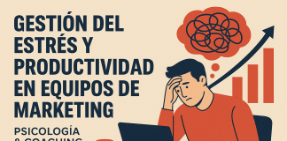 Gestión del estrés y productividad en equipos de marketing: lecciones de la psicología y el coaching Ilustración de una persona estresada frente a una computadora portátil, con un gráfico ascendente y líneas enredadas encima, junto a un texto sobre el estrés y la gestión de la productividad en los equipos de marketing.