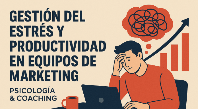 Ilustración de una persona estresada frente a una computadora portátil, con un gráfico ascendente y líneas enredadas encima, junto a un texto sobre el estrés y la gestión de la productividad en los equipos de marketing.
