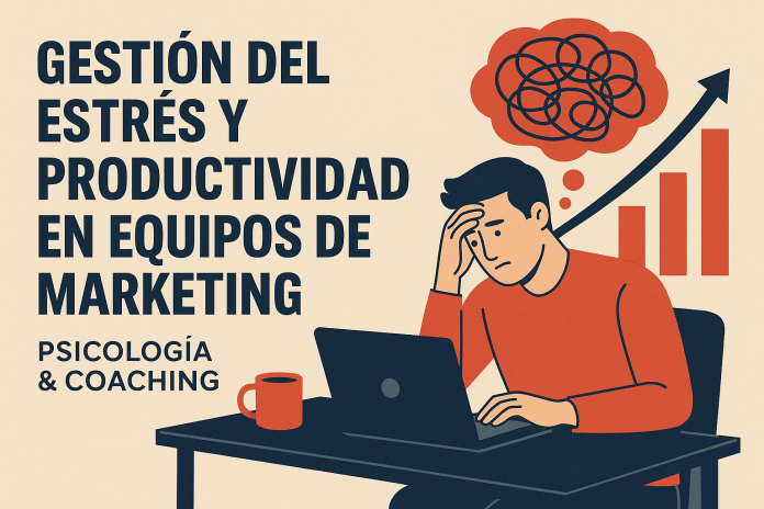 Ilustración de una persona estresada frente a una computadora portátil, con un gráfico ascendente y líneas enredadas encima, junto a un texto sobre el estrés y la gestión de la productividad en los equipos de marketing.