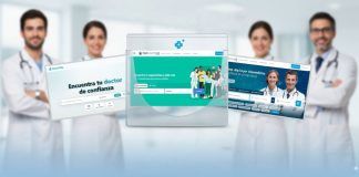 Directorios médicos online: el valor de la confianza en un mercado en expansión Cuatro médicos de pie en el fondo, mientras en primer plano aparecen cinco sitios web sanitarios para encontrar médicos.