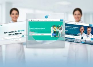 Directorios médicos online: el valor de la confianza en un mercado en expansión Cuatro médicos de pie en el fondo, mientras en primer plano aparecen cinco sitios web sanitarios para encontrar médicos.