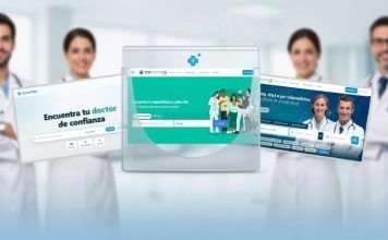 Directorios médicos online: el valor de la confianza en un mercado en expansión Cuatro médicos de pie en el fondo, mientras en primer plano aparecen cinco sitios web sanitarios para encontrar médicos.