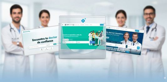 Directorios médicos online: el valor de la confianza en un mercado en expansión Cuatro médicos de pie en el fondo, mientras en primer plano aparecen cinco sitios web sanitarios para encontrar médicos.