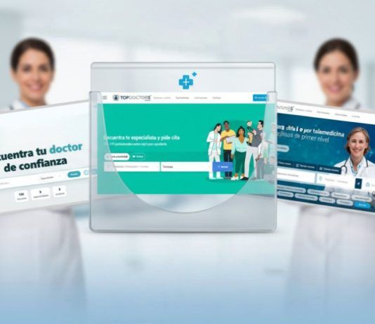 Cuatro médicos de pie en el fondo, mientras en primer plano aparecen cinco sitios web sanitarios para encontrar médicos.