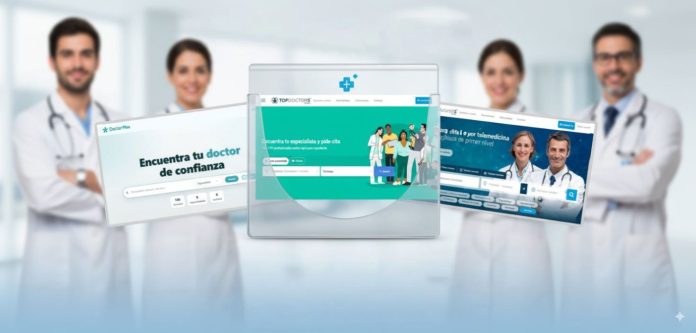 directorios-medicos Cuatro médicos de pie en el fondo, mientras en primer plano aparecen cinco sitios web sanitarios para encontrar médicos.